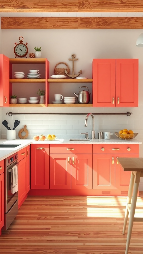 A modern kitchen featuring bright coral cabinets, natural wood accents, and a sunny atmosphere.