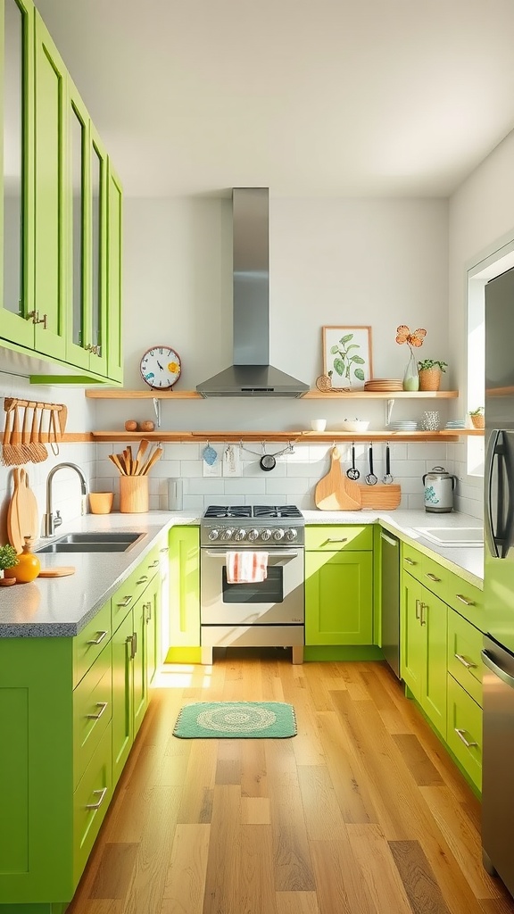 Bright green kitchen cabinets with wooden accents, showcasing a vibrant and energetic cooking space.