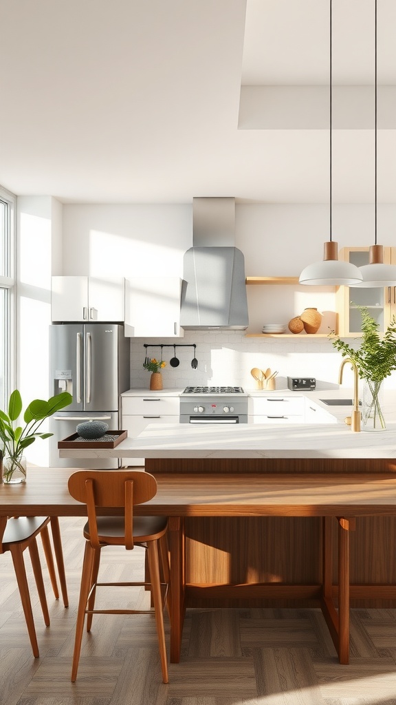 A modern neutral kitchen with an open layout, featuring large windows, minimalist design, wooden accents, and greenery.