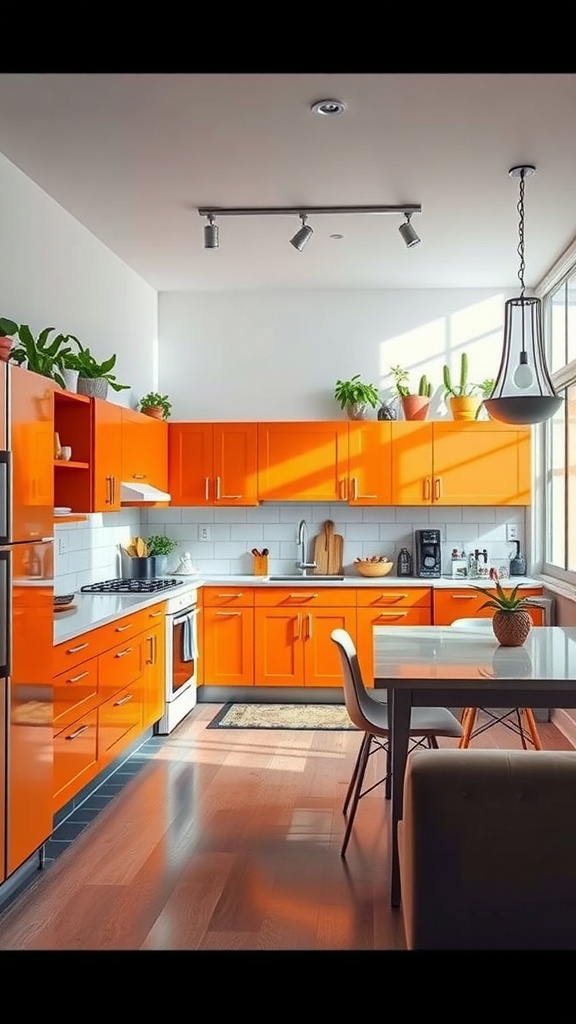 A bright orange kitchen with cabinets, plants, and a modern design