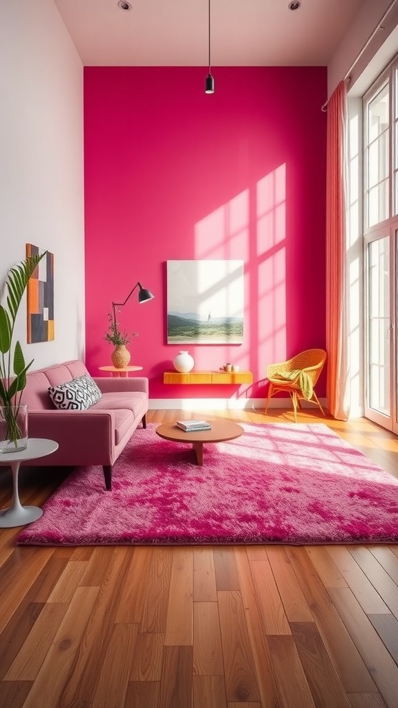 Bright pink area rug in a colorful living room with pink walls and modern furniture.