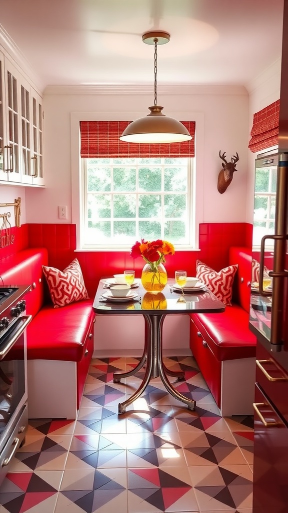 Bright red dining nook with red leather seating and a modern table, featuring a window and minimalist decor.