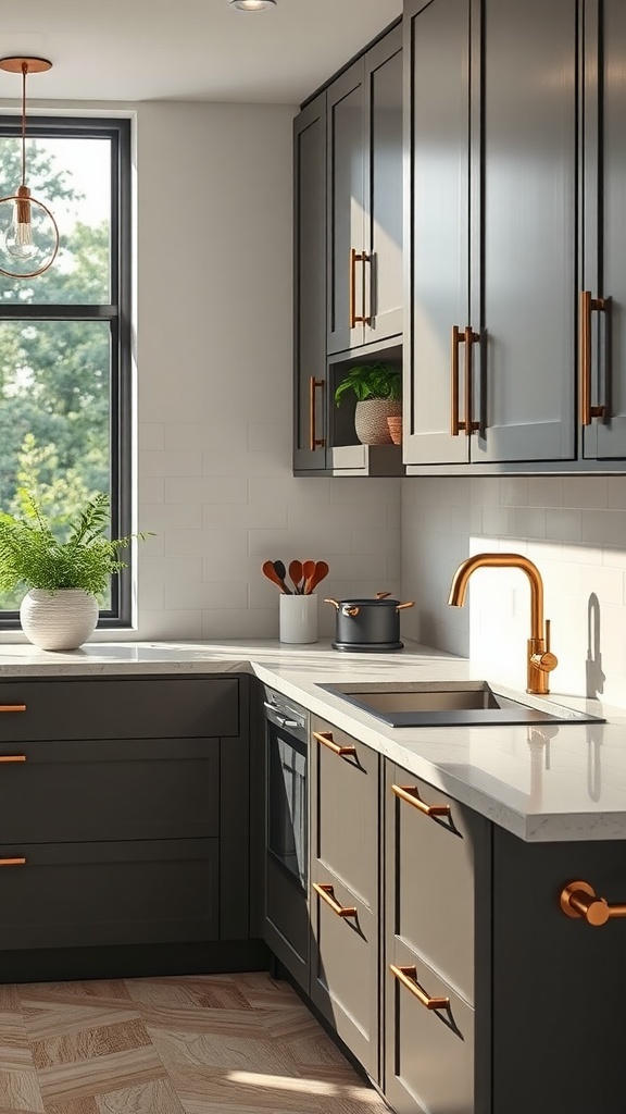 Kitchen featuring dark cabinetry and bronze accents including handles and faucet