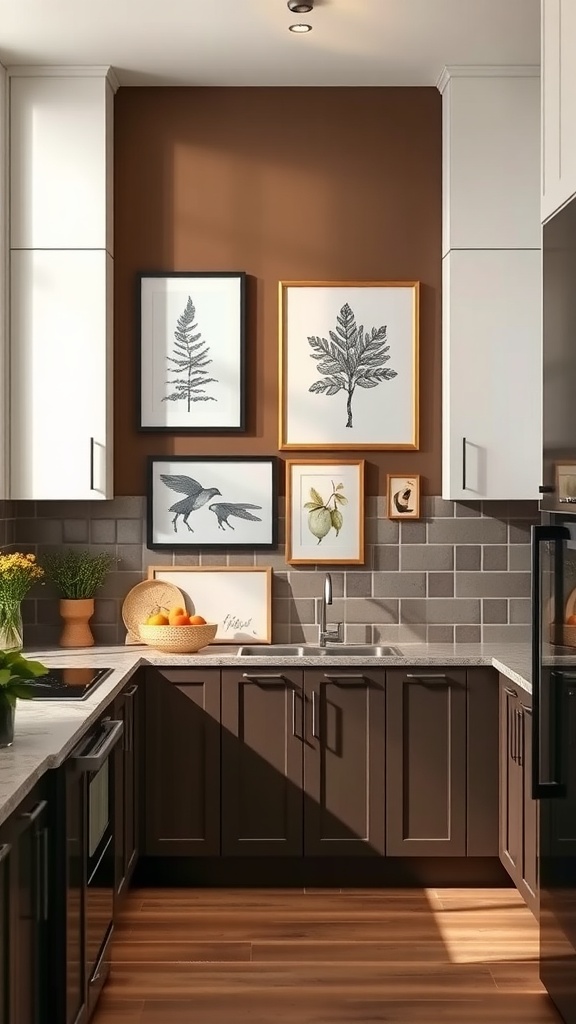 A warm brown accent wall in a kitchen with framed wall art featuring plants and wildlife. The kitchen has white cabinets and a modern design.