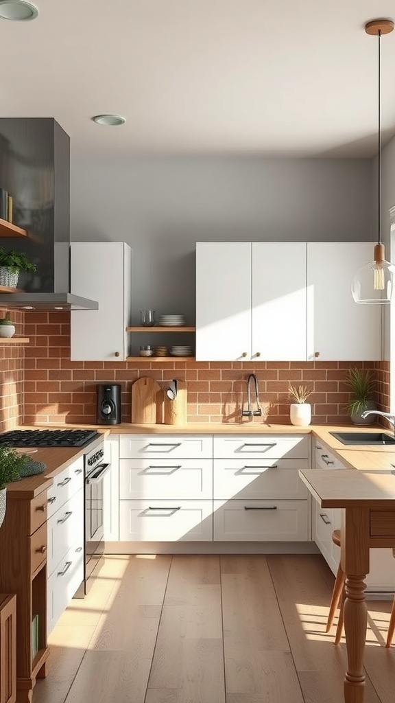 A stylish kitchen featuring a brown and white color scheme with wooden accents and bright lighting.