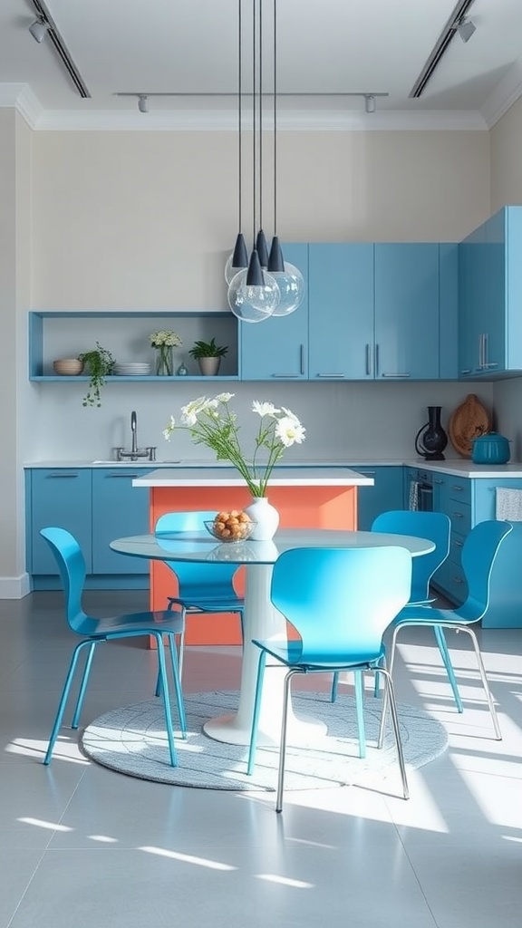 A modern kitchen featuring a cerulean blue dining set with a round table and matching chairs, complemented by an orange island and bright lighting.