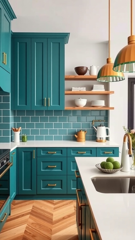 A modern kitchen featuring charcoal black cabinets, gray flooring, and stylish pendant lights.