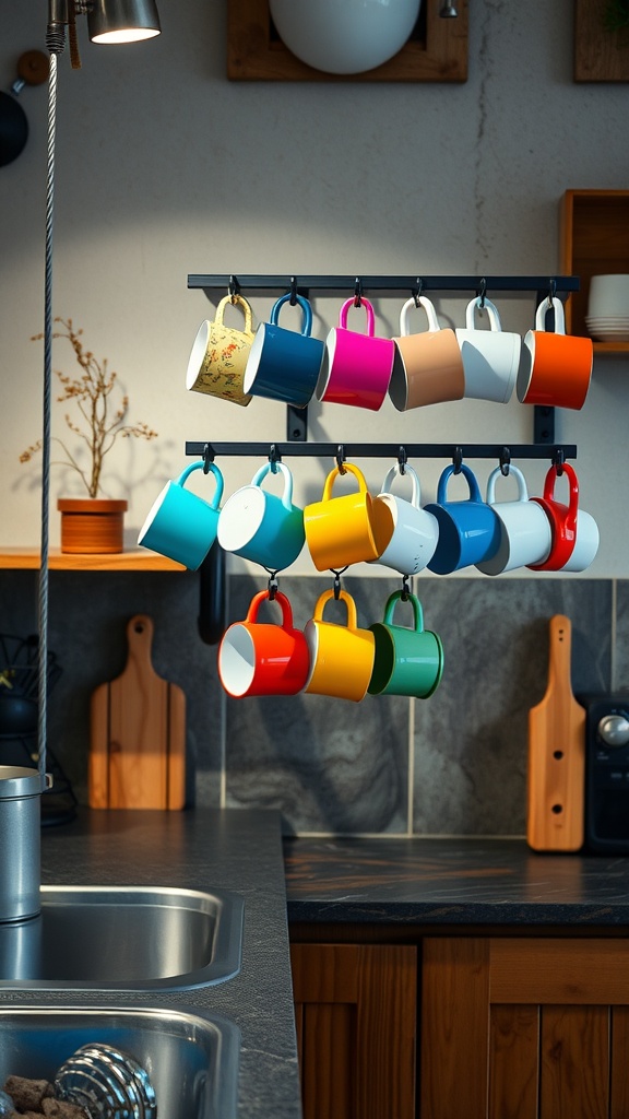 Colorful mugs displayed on a rack in a rustic farmhouse kitchen.