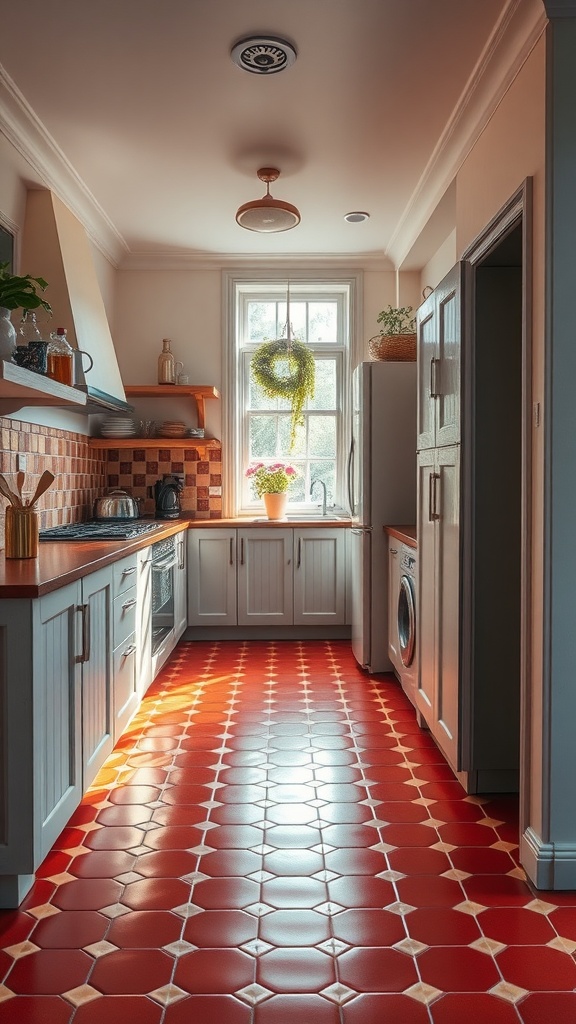 A charming kitchen featuring a red tile floor with hexagonal patterns.