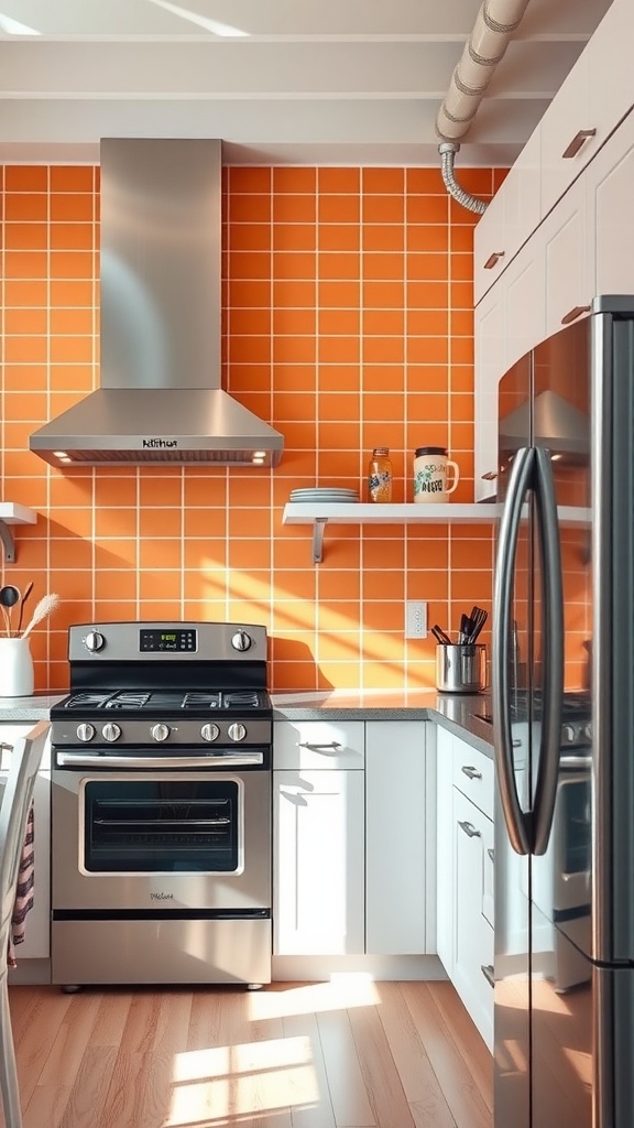 Bright orange backsplash in a modern kitchen