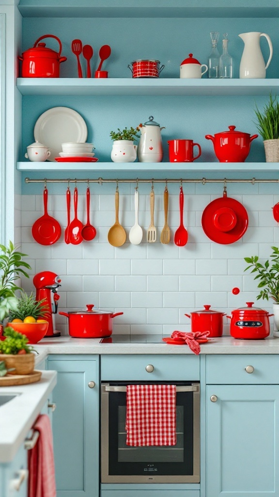 A bright red kitchen featuring various red accessories, pots, and utensils against a light background.