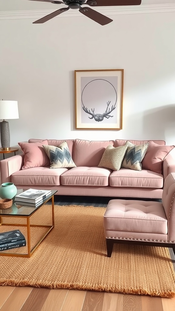 Chic blush pink sofa in a cozy living room setting with decorative pillows and an orange rug