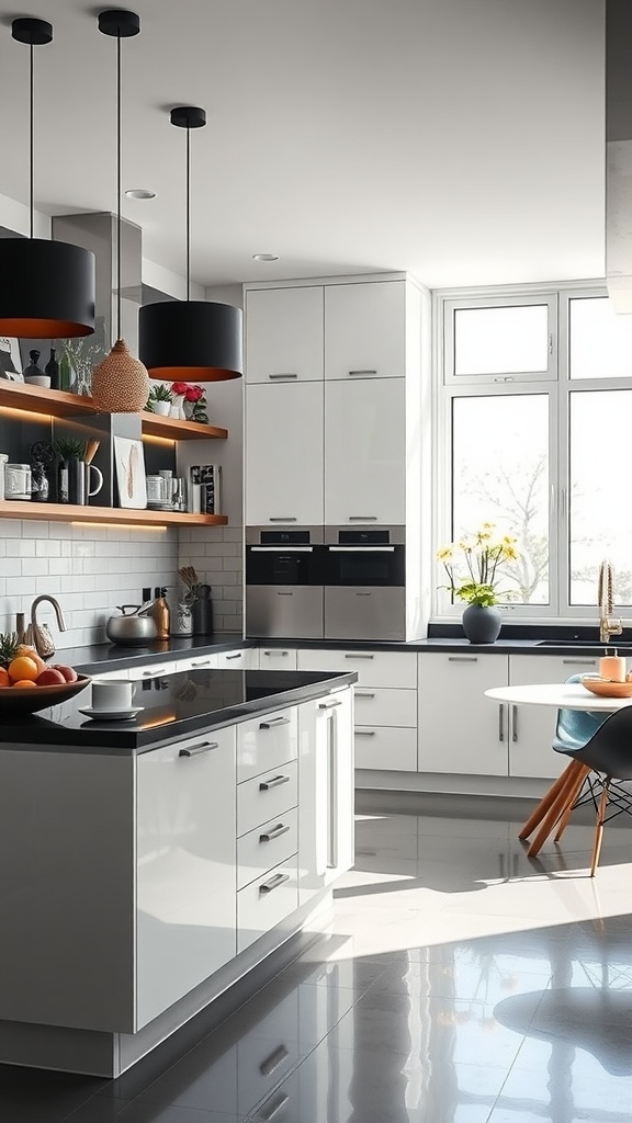 A modern black and white kitchen featuring sleek cabinets, contrasting countertops, and stylish pendant lighting.