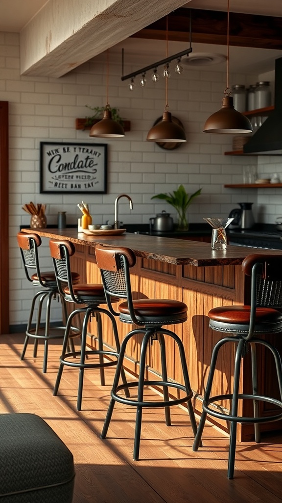 Chocolate brown barstools in a modern kitchen setting with a wooden countertop and stylish decor.