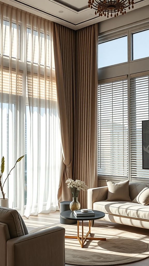 Stylish living room featuring elegant window treatments with sheer curtains and blinds.