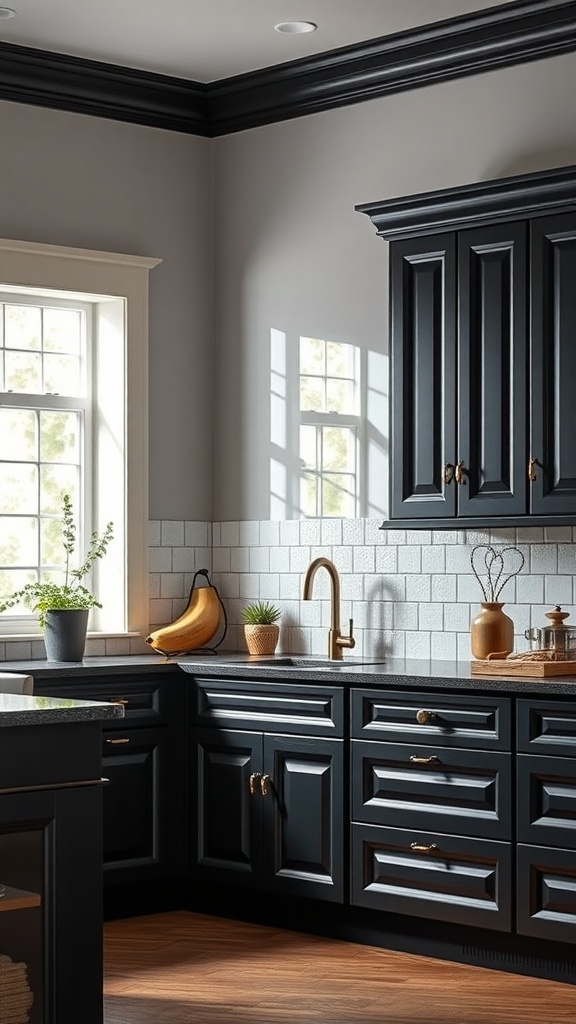 A classic kitchen featuring black cabinets, warm wood flooring, and gold hardware with natural light and plants.