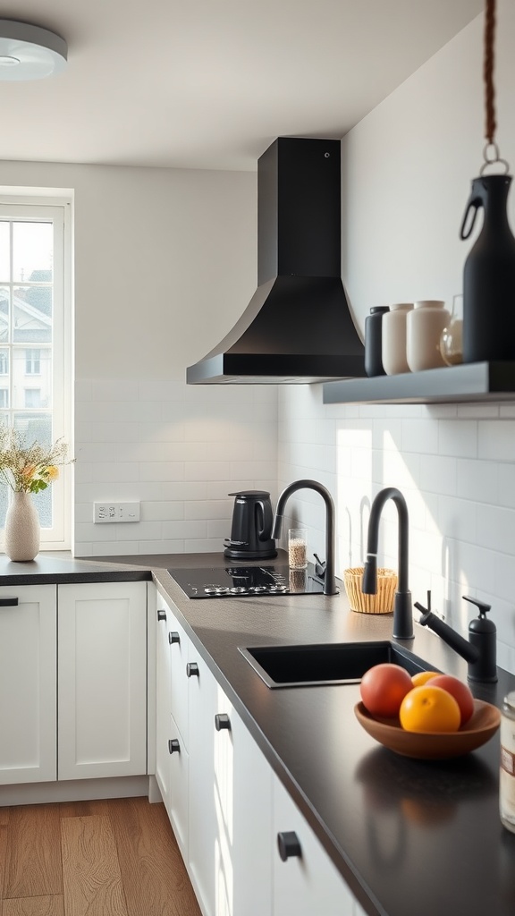 A modern kitchen featuring classic black fixtures, including a faucet and hood, paired with white cabinetry and natural wood accents.