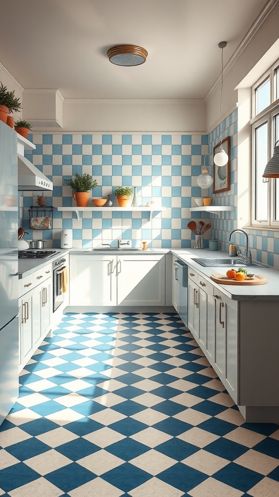 A bright kitchen with a blue and white checkerboard floor, light cabinets, and plants decorating the shelves.