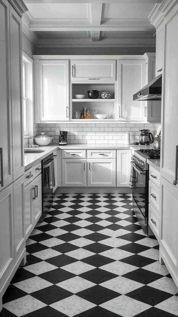 A black and white checkerboard floor in a modern kitchen with white cabinets and stainless steel appliances.