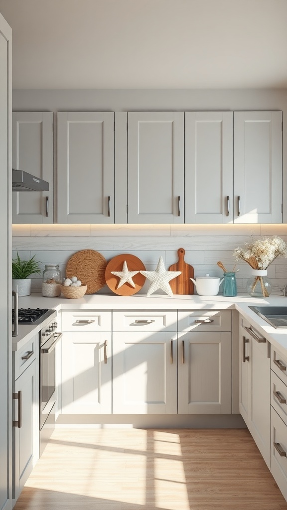 A soft gray kitchen with natural wood accents, featuring starfish decor and a bright, inviting atmosphere.