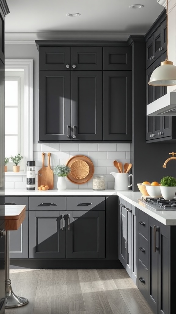 A modern kitchen featuring dark gray cabinets paired with light gray accents and wooden decor.