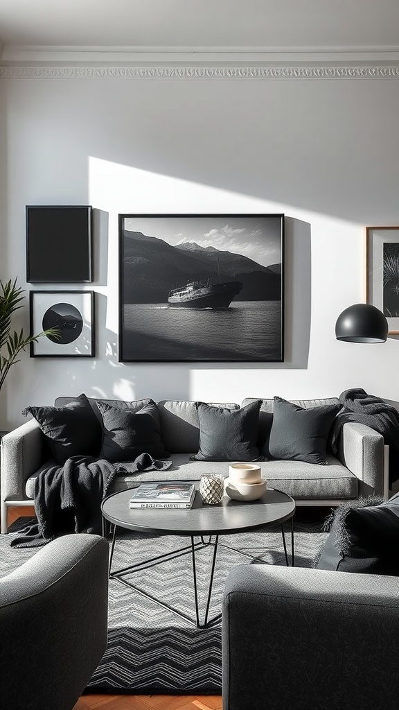 A stylish black living room featuring a black sofa with cushions, a round coffee table, and black-and-white wall art.