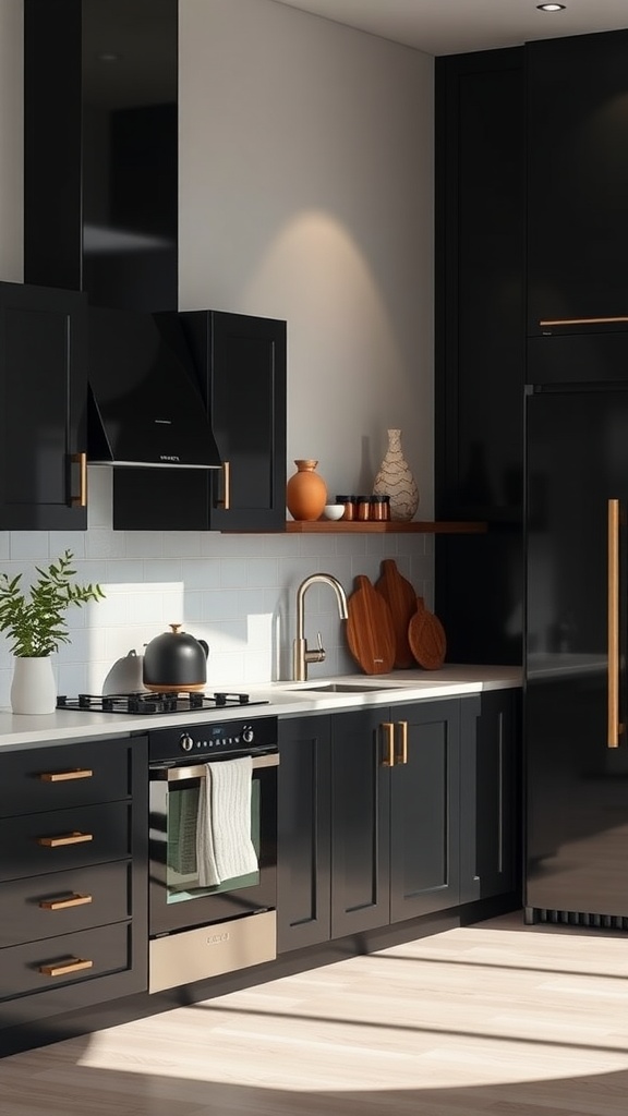 A modern kitchen featuring black cabinets, a sleek stove, and warm wooden accents.