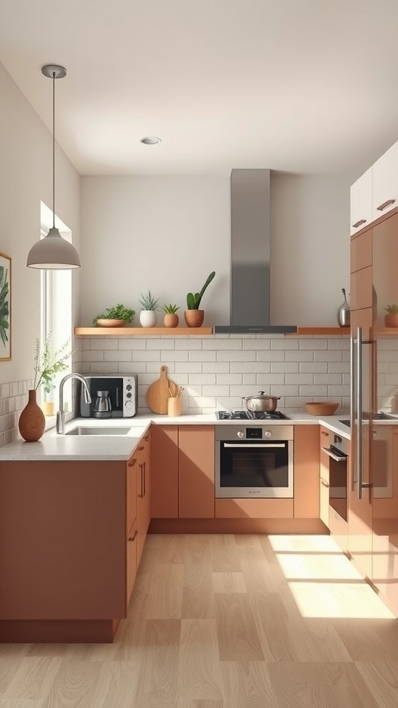 A spacious neutral kitchen featuring terracotta cabinets, light countertops, and a gray backsplash with plants on shelves.