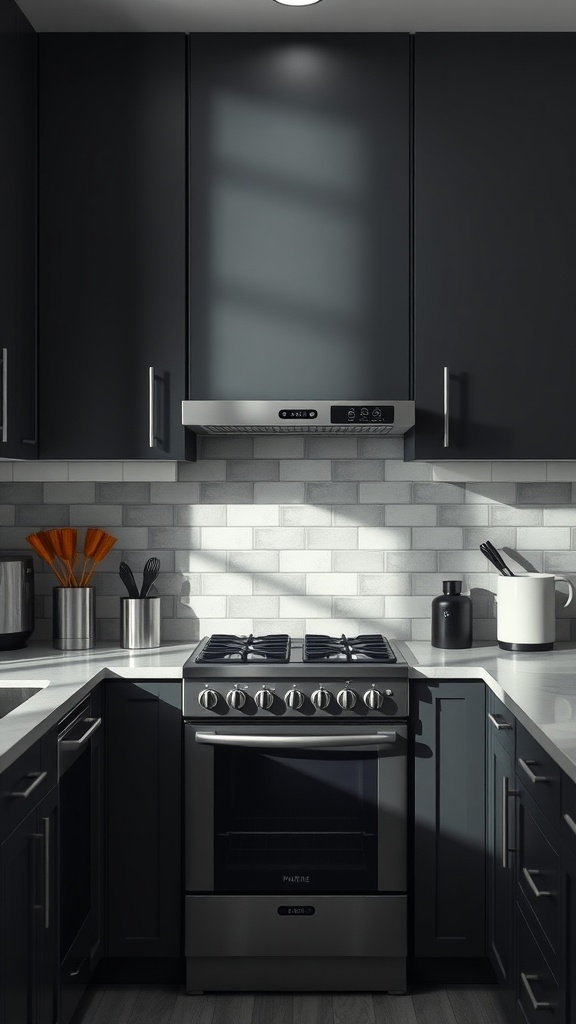 A modern kitchen featuring dark gray cabinets and gray appliances