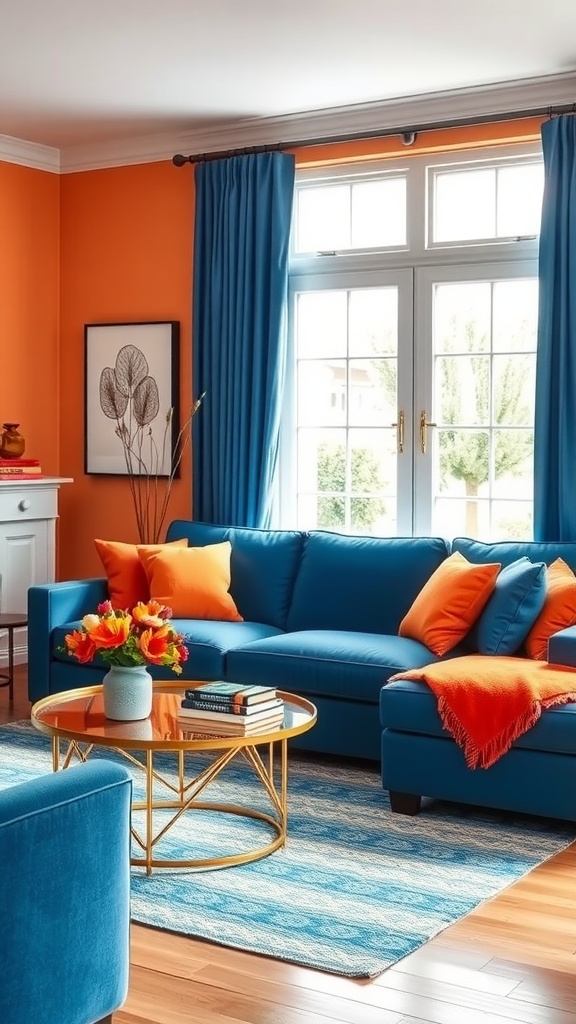 Bright living room with blue couch, orange pillows and blankets, and a round coffee table