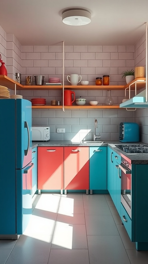 A modern kitchen featuring colorful appliances, including a blue fridge and red cabinet doors.