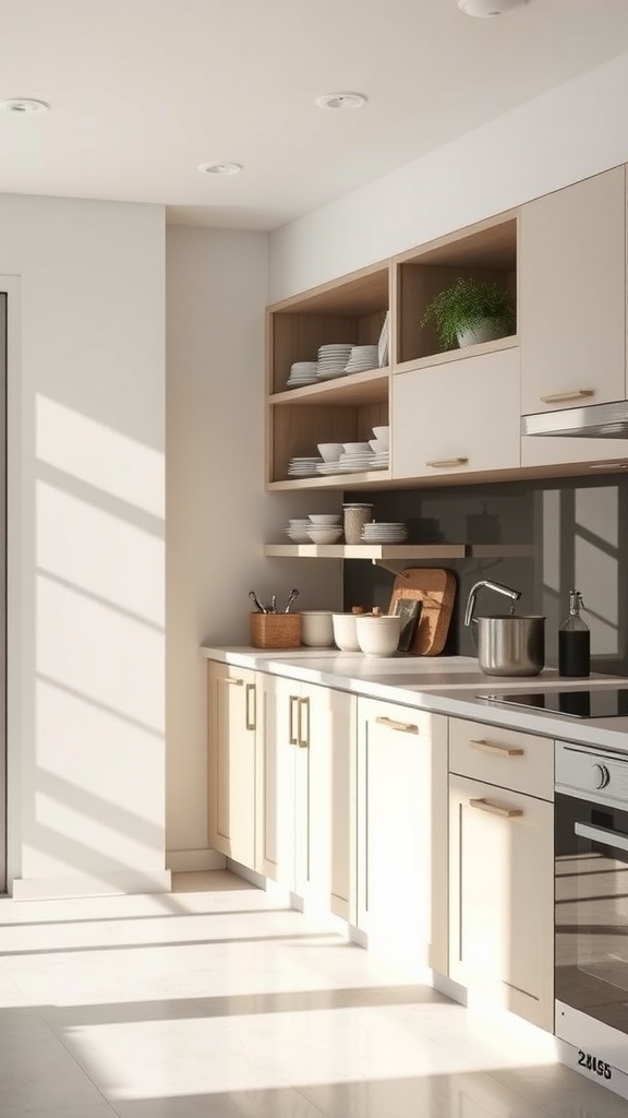 A neutral kitchen featuring a combination of open and closed storage with wooden shelves and cabinets.