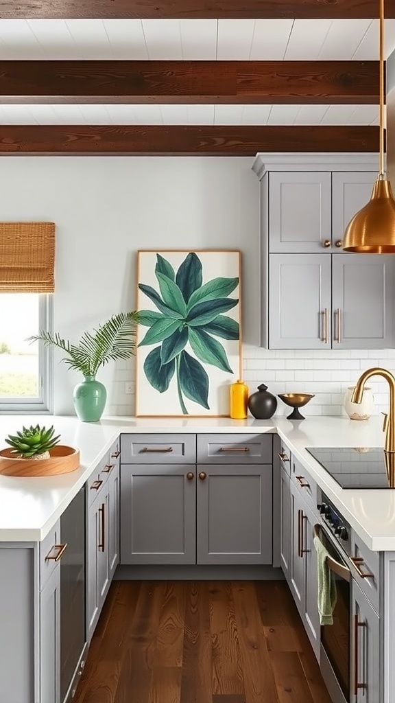 A light gray kitchen featuring wooden countertops and gold hardware