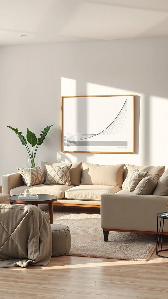 A contemporary beige living room featuring a cozy sofa, geometric artwork, and natural light.