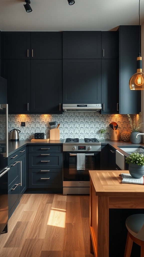 Modern kitchen with black cabinets and warm wood accents