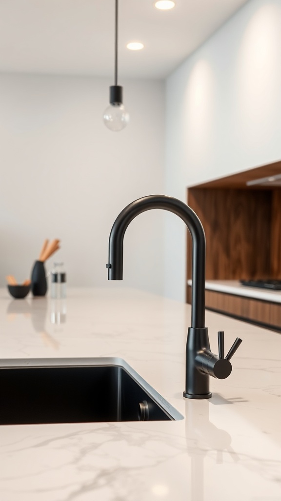 A sleek black kitchen faucet with a curved spout and lever handle against a light background.