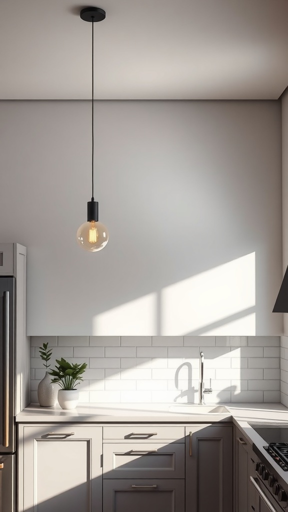 A modern kitchen with light gray cabinets and a pendant light above, featuring natural light and minimalistic decor.