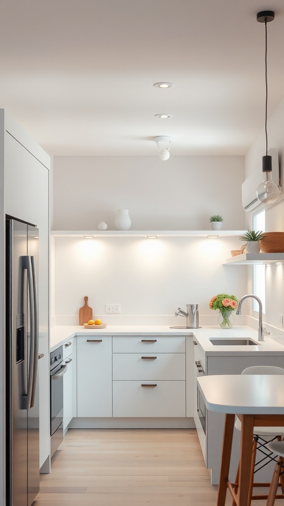 A modern kitchen with contemporary lighting fixtures, featuring recessed lights and a stylish pendant light.