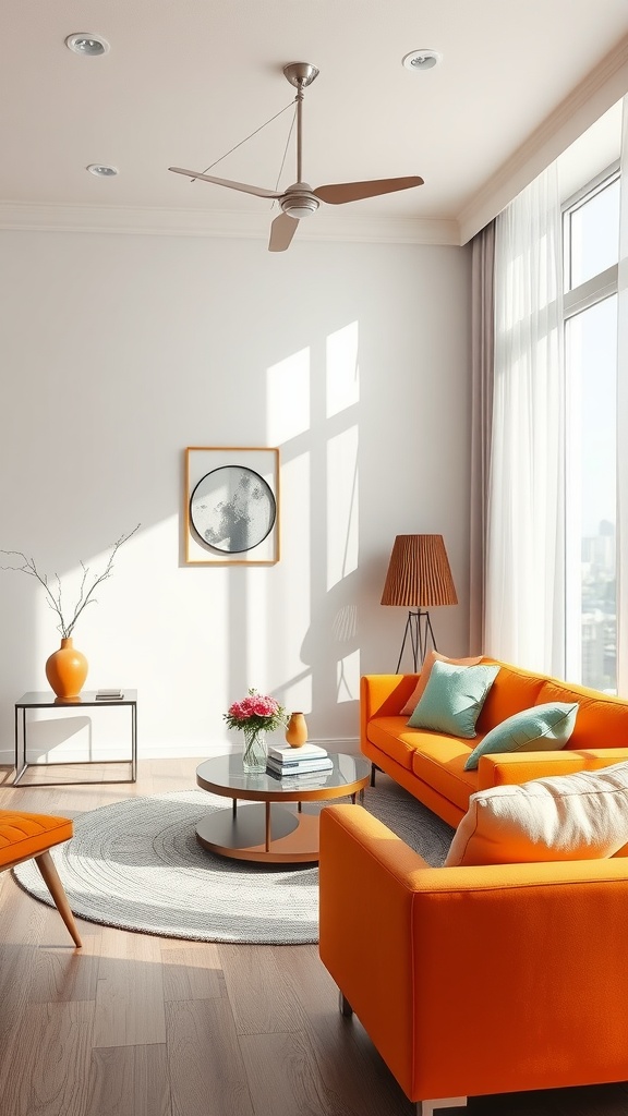 A contemporary living room featuring an orange sofa, white walls, and modern decor.