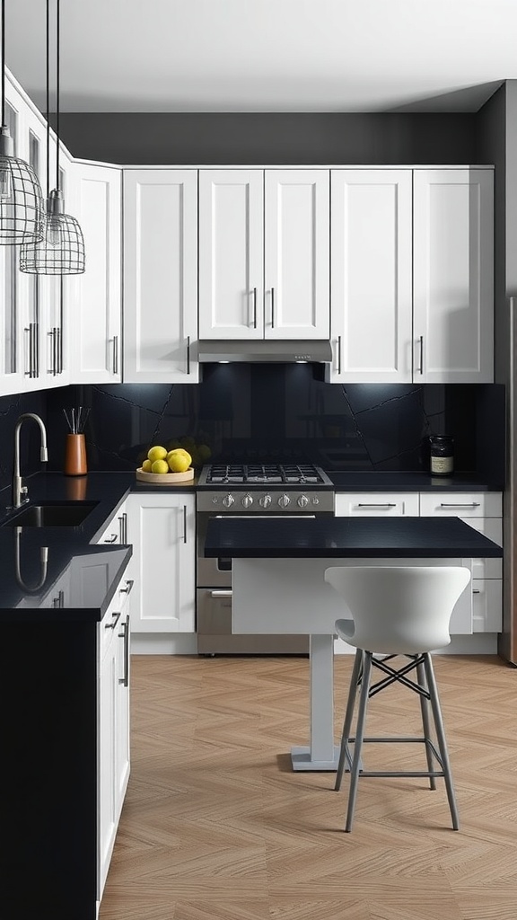 Modern black and white kitchen with black countertops and white cabinets.