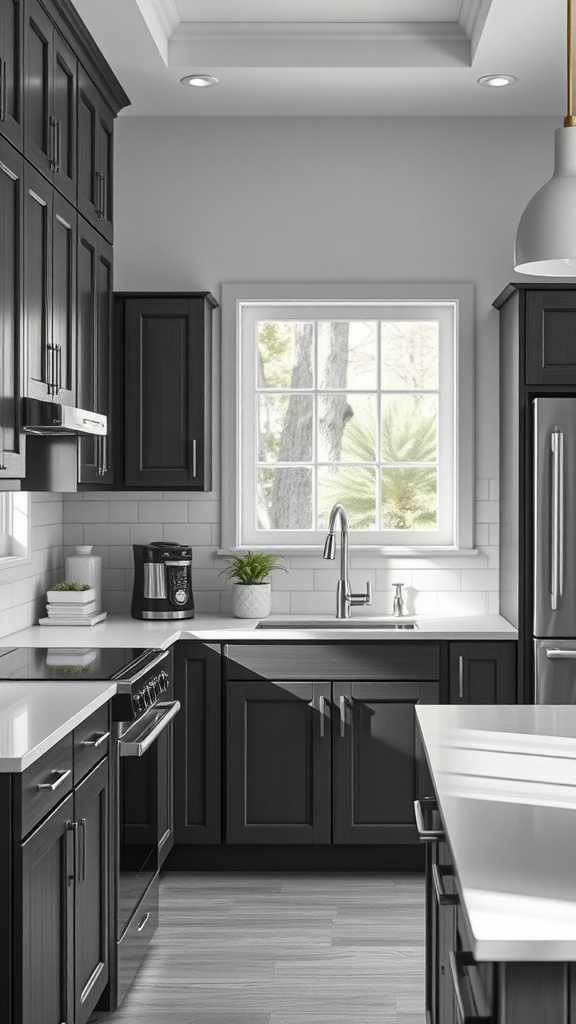 A modern kitchen featuring dark gray cabinets and bright white countertops, showcasing a stylish contrast.