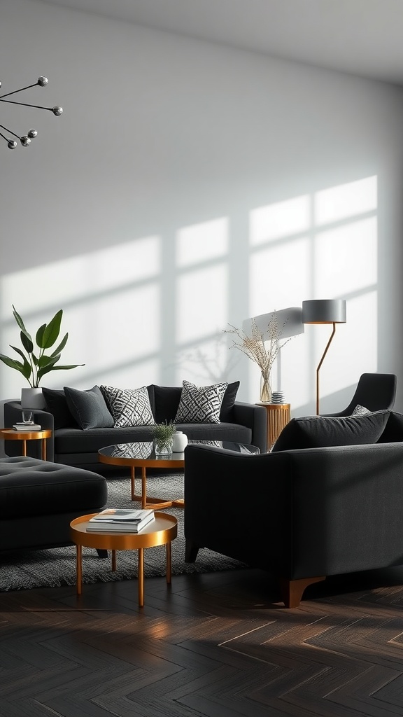 A stylish black living room featuring metallic accents with plants and modern furniture.