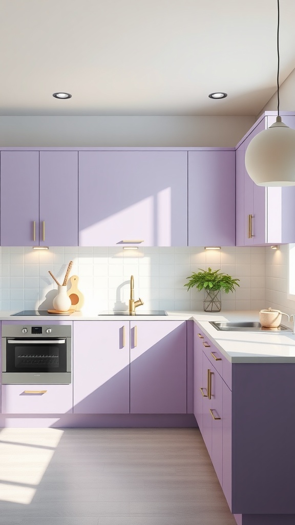 A modern kitchen with cool lavender cabinets, gold hardware, and natural light.