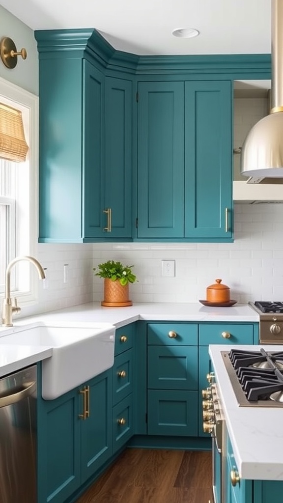 A stylish kitchen featuring teal cabinets with gold hardware, white countertops, and wooden flooring.