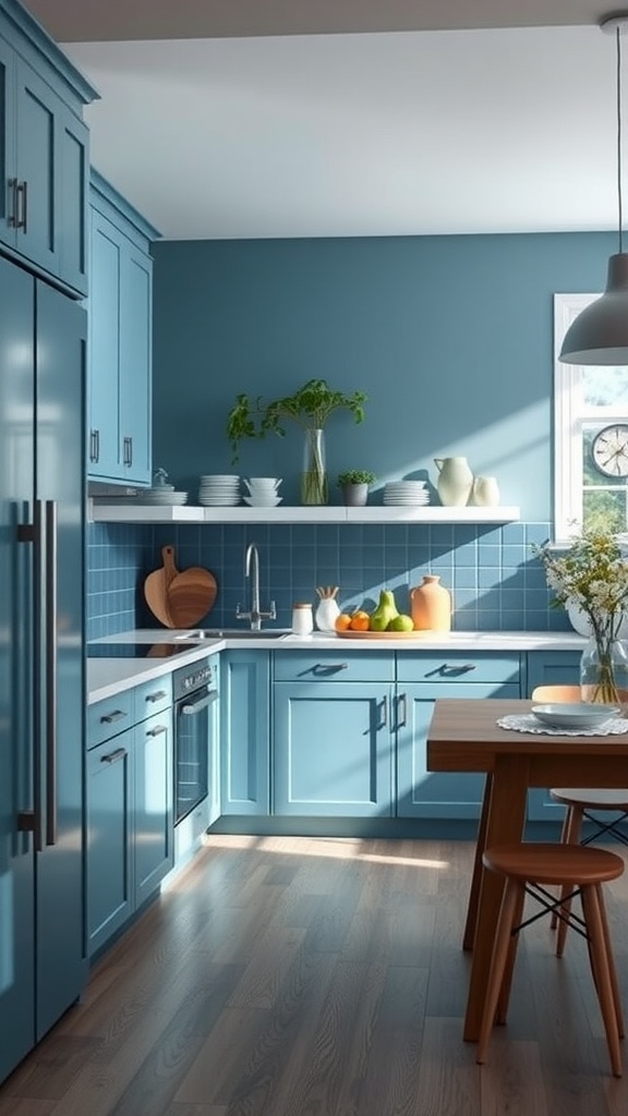 A modern blue kitchen with wooden accents and natural light.