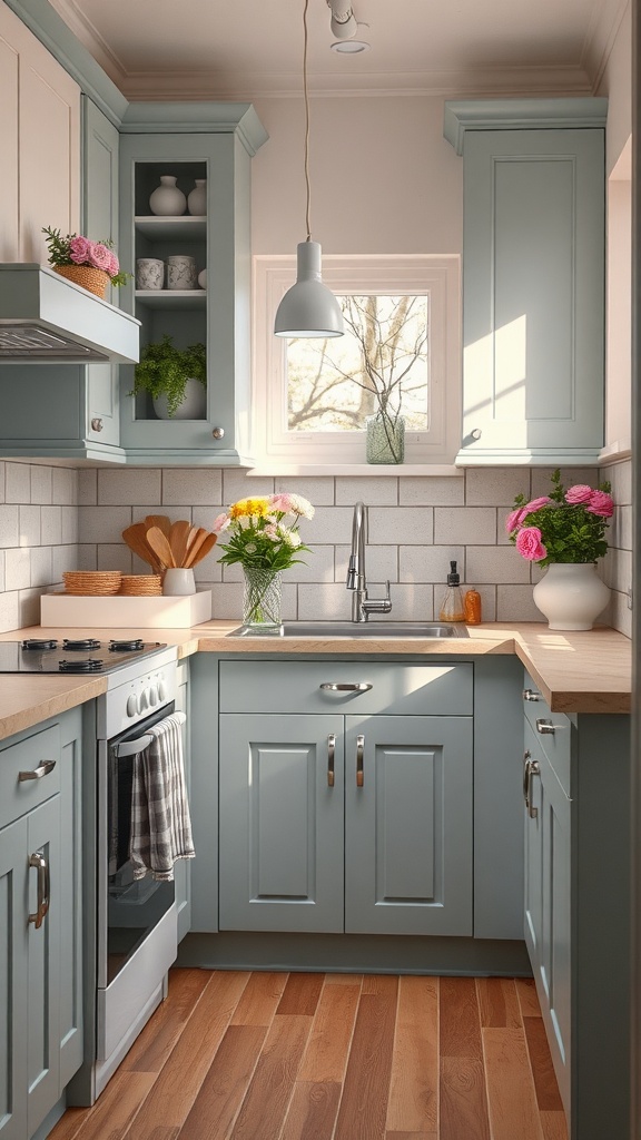 Cozy kitchen with soft gray cabinets and floral decorations, featuring wooden countertop and flooring.