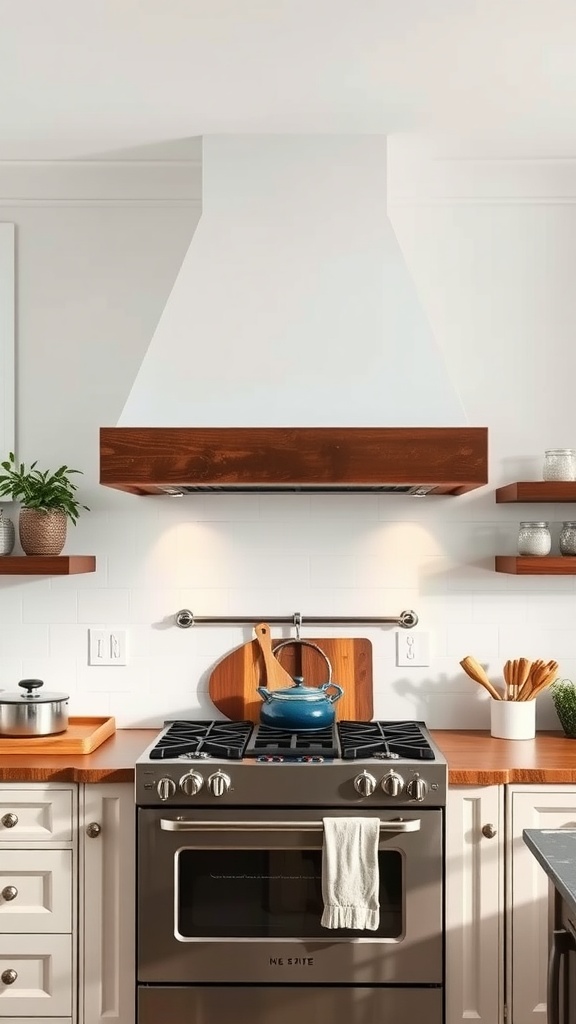 Rustic farmhouse kitchen with a wooden range hood and a modern stove.