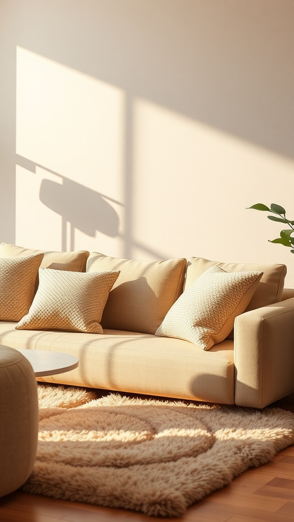 Cozy beige living room with textured cushions and rug, featuring a sunlit sofa