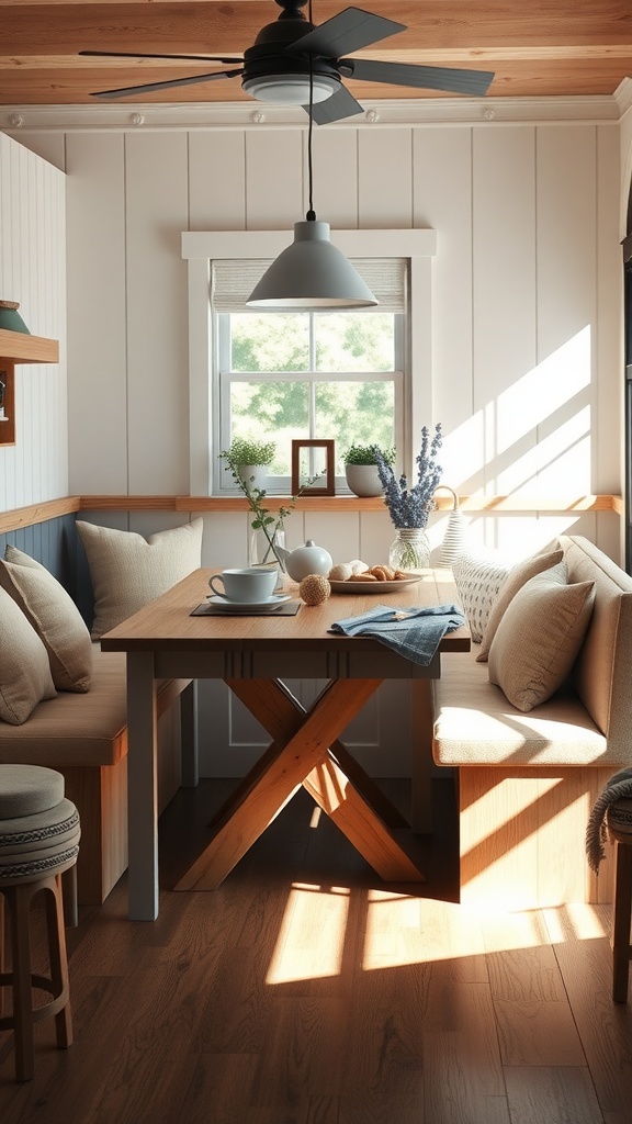 A cozy breakfast nook with a wooden table, comfortable seating, and soft natural light.