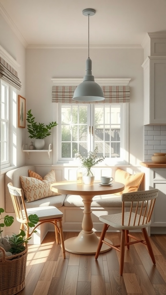 A cozy breakfast nook with a round table and comfortable seating in a neutral kitchen.